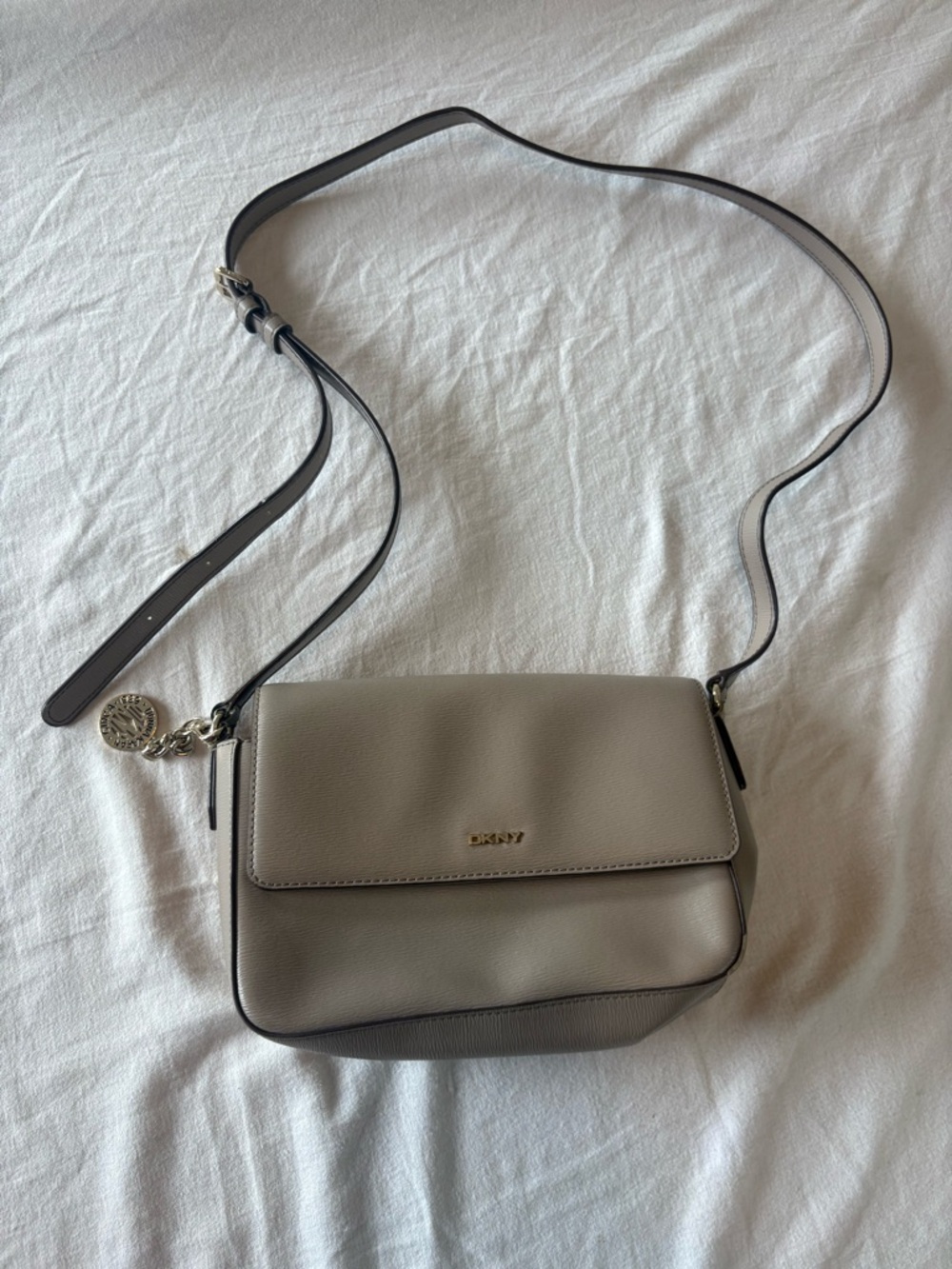 DKNY Pebble Leather Crossbody Bag in Taupe Gray with Gold Hardware